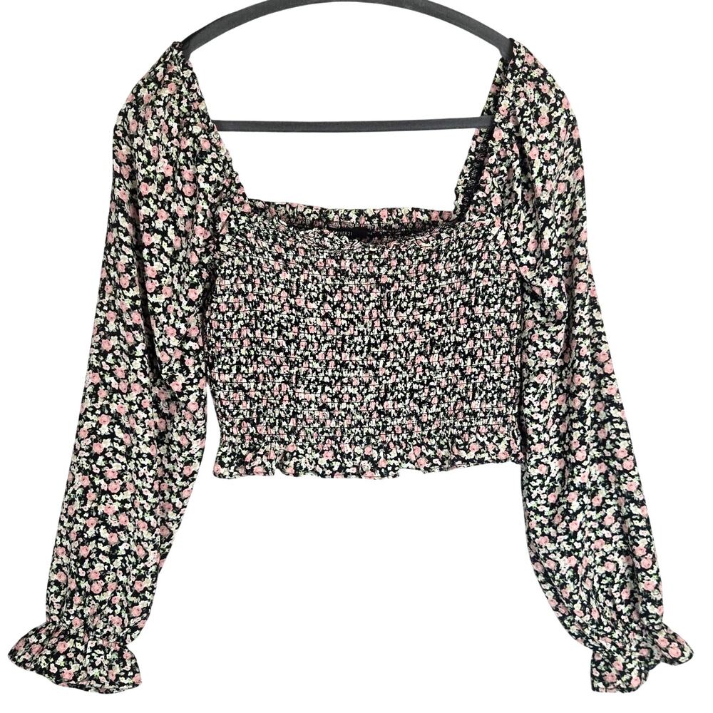 Forever 21 Dainty Black Pink Ruched Crop Top M Floral Print Blouse Puff Sleeves